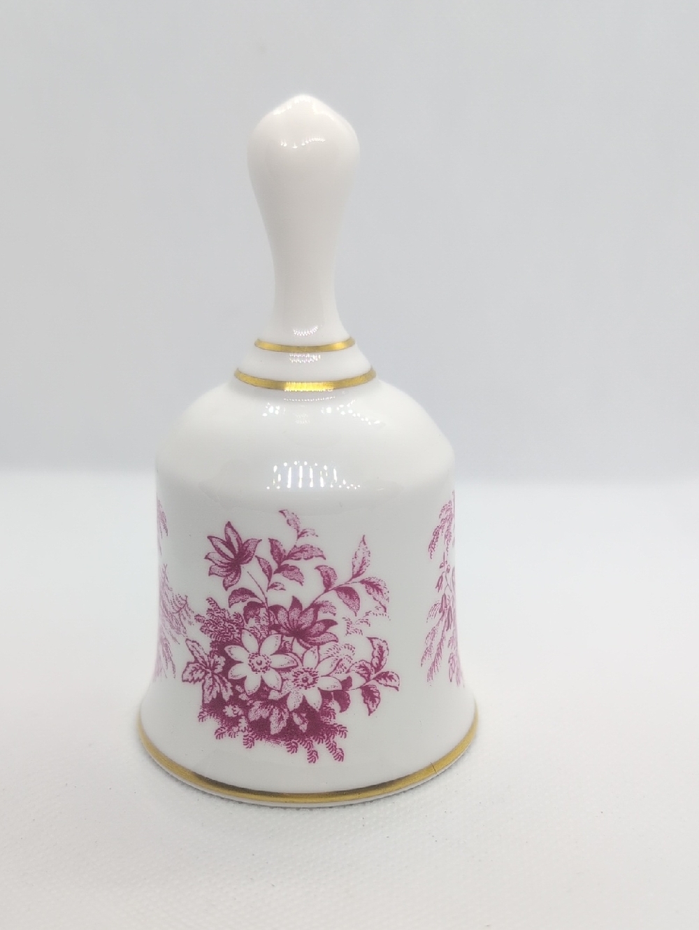 Danbury Mint Porcelain Hand Bell with Pink Floral Pattern and Gold Trim